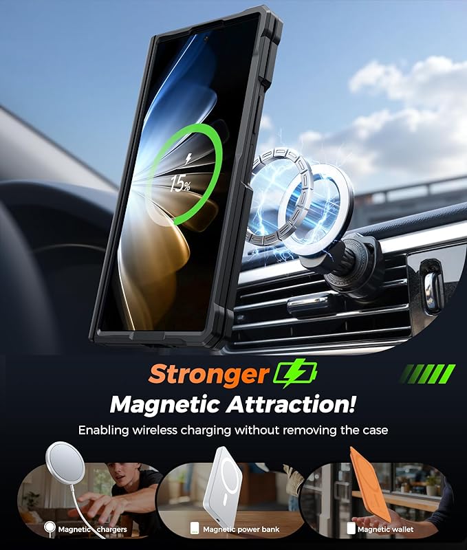 FNTCASE for Samsung Galaxy Z-Fold-7 Case: [360 Spin Magnetic Ring Kickstand] [Compatible for MagSafe] [Screen Protector] Heavy Duty Mil-Grade Protection Galaxy Z Fold7 Case with Stand Clear Black