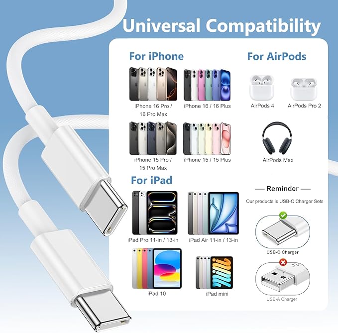 iPhone 17 16 15 Charger Fast Charging, 2Pack 10FT Extra Long USB C to C Fast Charging Cord Woven Cable 20W USB C Charger Block for iPhone 17 Pro Max/Air/16 Plus/15/15 ProMax/iPad Pro/Air/Mini/AirPods