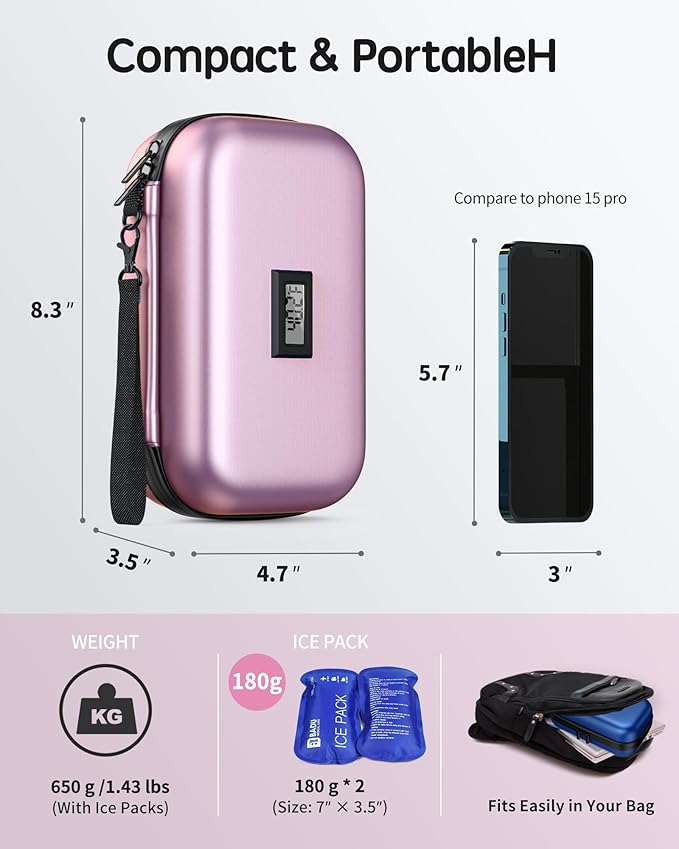 Insulin Cooler Travel Case with Temp Display, 2 x 180g TSA Approved Ice Packs, 9-Layer Insulation for Improved Cooling, Insulin Pen Case, Waterproof, for Daily Use and Trips (Pink)