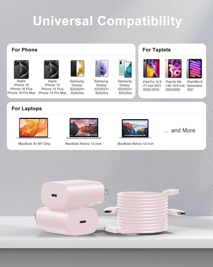 Type C Charger Fast Charging, 2Pack [10FT&6FT] Long USB C Cable with 25W Phone Super Fast Charger Block Compatible with Galaxy S25/S24/Plus/Ultra,iPhone 15/16/17/Air/Plus/Pro Max