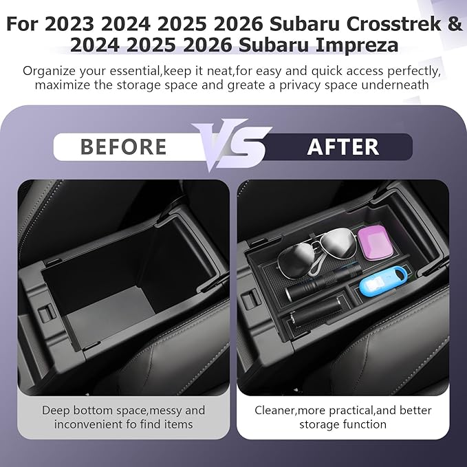 LUWU Center Console Organizer Compatible with Subaru Crosstrek & Impreza 2024-2026 Accessories Armrest Console Secondary Storage Box Insert Tray ABS Material with Coin Holder Black