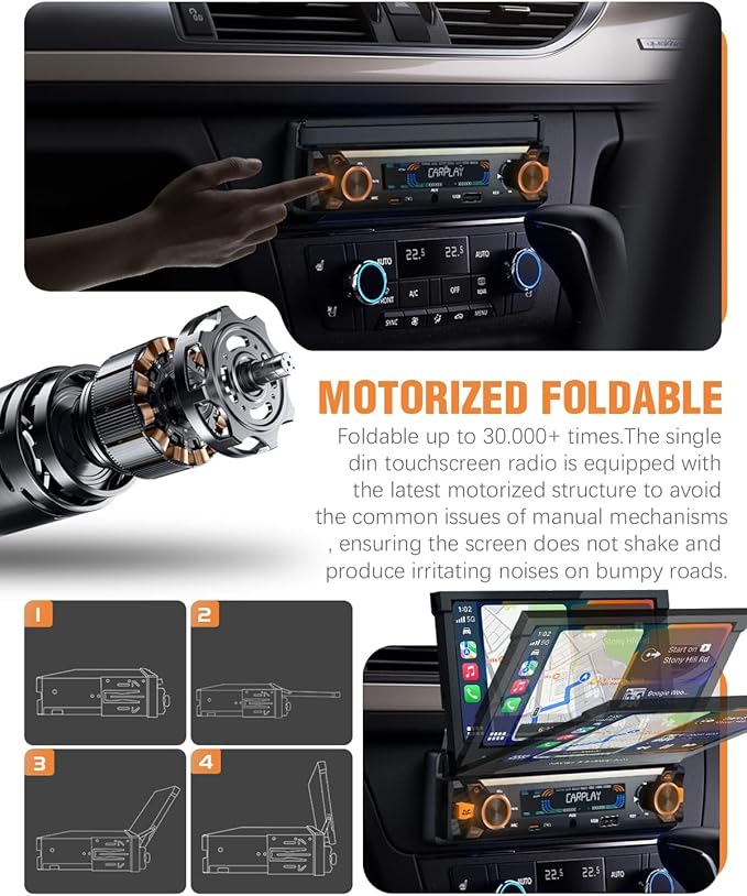 【SOOEMAKA】 Single Din Touchscreen Radio with Wireless Carplay&Android Auto,7 inch QLED Motorized Flip Out Car Stereo Upgrade PD/QC 3.0 Type-C Fast Charging/Dual WiFi/Bluetooth 5.1/AM/FM/DSP (Flip)