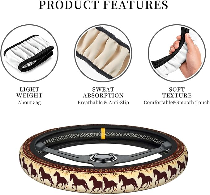 Horses Steering Wheel Cover Women 15 inch Anti-Slip Sweat Absorption Steering Wheel Covers Cute Car Accessories Decor Car SUV Sedan Vans Truck Protector