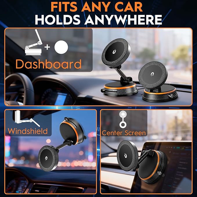 Magnetic Car Phone Holder for MagSafe, 15W Wireless Charging, 360° Adjustable Dashboard Mount, Compatible with iPhone 12-17 & Android（Orange