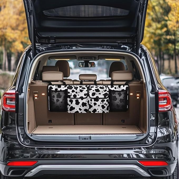 Black Cow Spots Auto Hanging Seat Back Storage Car Organizer Large Capacity Collapsible Cargo Bag,Sturdy Space Saving Expert