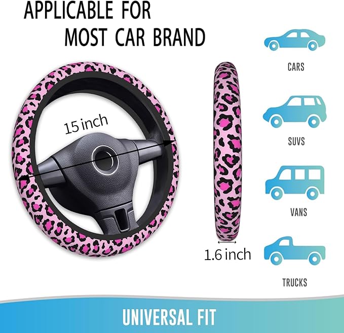 Elastic Steering Wheel Cover Car Accessories Cute Universal 15 Inch Absorbing Sweat Non-Slip Breathable for Woman - Pink Leopard Printed