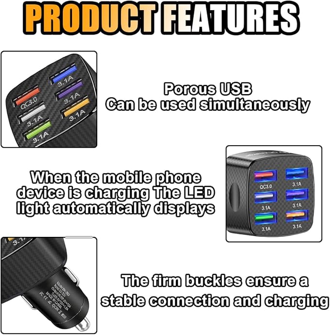 Car Charger Adapter, 6 USB Multi-Port Fast Charger QC3.0 USB Smart Shunt Cigarette Lighter Charger, Car Phone Charger for iPhone, Android, Samsung, Galaxy