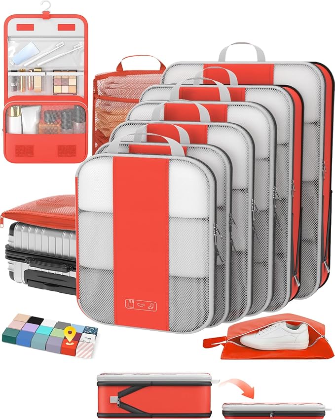 10 Set Compression Packing Cubes for Travel Essentials,Compressible Expandable Packing Cubes for Suitcase,OlarHike Luggage Organizer Bags for Travel,Handy Helper for Organizing Clothes(Orange)