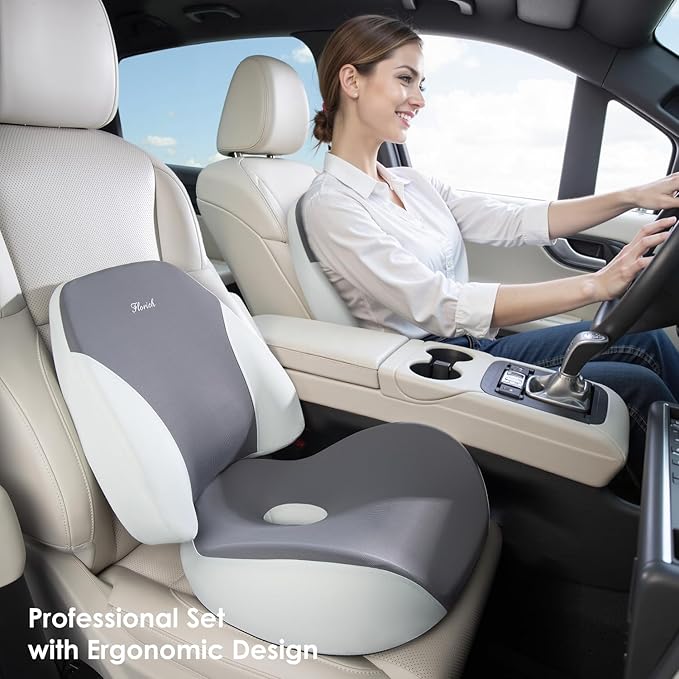 FLORICH Lumbar Support Pillow and Car Seat Cushion for Driving Car Office Chair, Memory Foam Back Support Pillow and Office Seat Chair Cushion for Sciatica Pain Relief - Gray