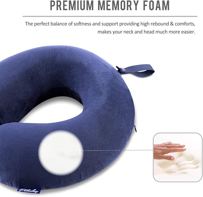 Fabuday Travel Pillow Memory Foam - Head Neck Support Airplane Pillow for Traveling, Car, Home, Office, Travel Neck Flight Pillow with Attachable Snap Strap Soft Washable Cover