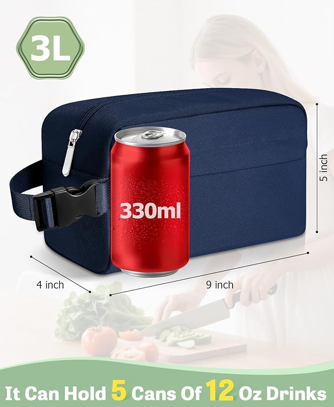 Small Insulated Snack Bag Lunch Bag for Kids Lunch Box for Women/Men, Collapsible [3L/5-Can] Reusable Lunch Bag Cooler Bag for Bottle with Handle Buckle for Work/School/Travel,Dark Blue