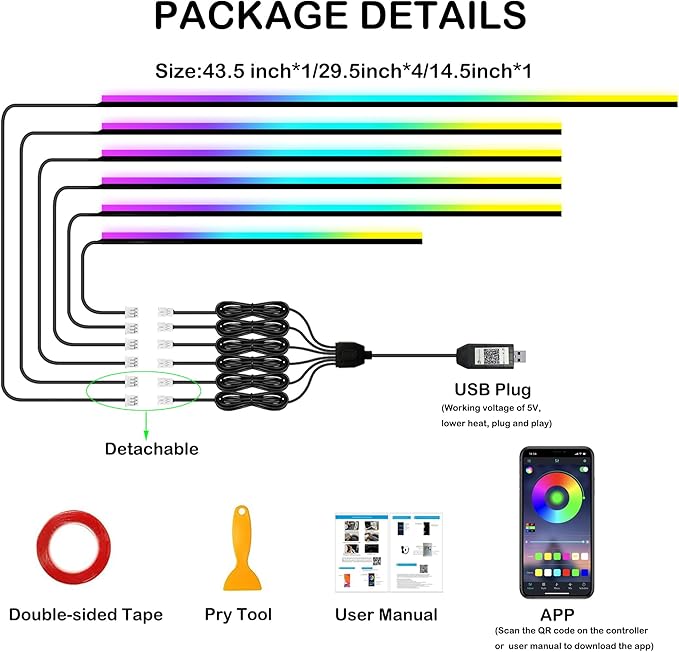 Interior Car LED Strip Lights, RGB 6 in 1 Dynamic Dreamcolor Chasing Acrylic LED Lights for Car, USB Powered Ambient Lighting Kits with Wireless APP, Sound Active Function Car Neon Lights (6 in 1)