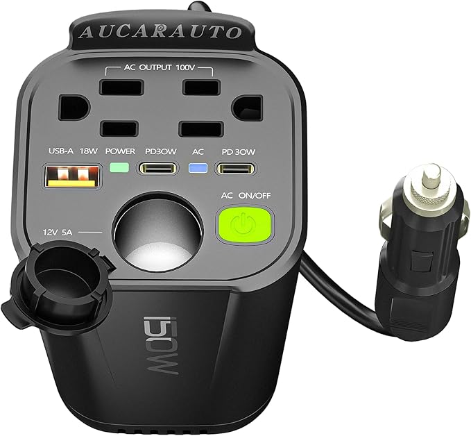 150W Power Inverter 6 in 1 DC 12V to 110V AC Inverter with 60W Dual USB-C and 18W USB-Fast Charger & 2 AC Outlets, Car Pluɡ Adapter Outlet for Laptop/Phone/GPS | Cup Holder Design for Travel