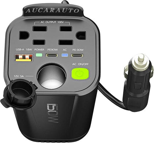 150W Power Inverter 6 in 1 DC 12V to 110V AC Inverter with 60W Dual USB-C and 18W USB-Fast Charger & 2 AC Outlets, Car Pluɡ Adapter Outlet for Laptop/Phone/GPS | Cup Holder Design for Travel