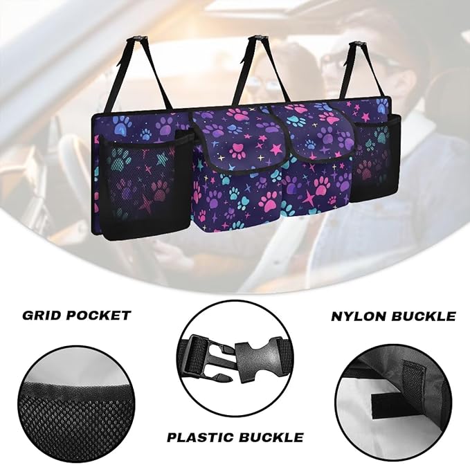 Hanging Car Trunk Organizer with 4 Pockets Dog Paw Print Stars Auto Back Seat Storage Bag Auto Interior Accessories for Sedans SUV MPV Trucks Jeep Pickup