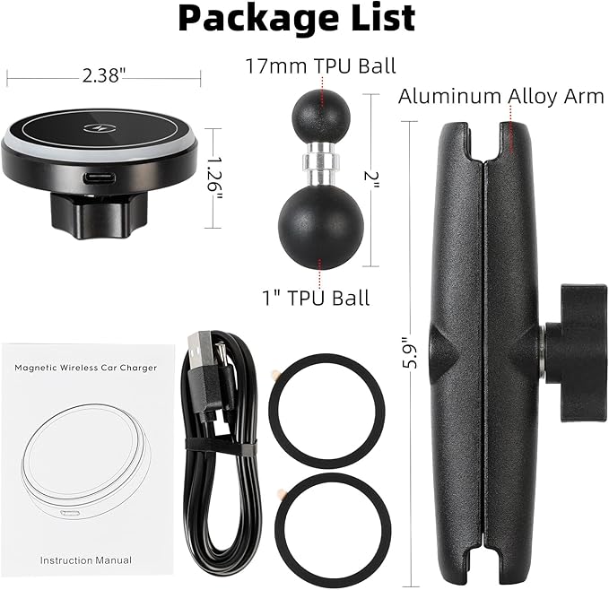 1 inch Ball Magnetic Wireless Charging Phone Holder Base for Magsafe, 5.9" Aluminum Long Arm, 1" (25mm) Ball Mount for MagSafe Charger, Compatible with RAM Mounts B Size Components