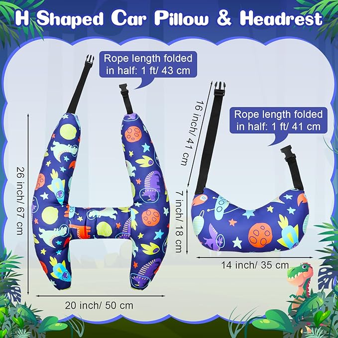 Chunful H-Shape Car Seat Pillow for Kids Car Travel Pillow for Kid Children Vehicle Sleeping Head Support Back Seat Adjustable Head Neck and Shoulder Support for Long Trips Sleeping(Dinosaur)
