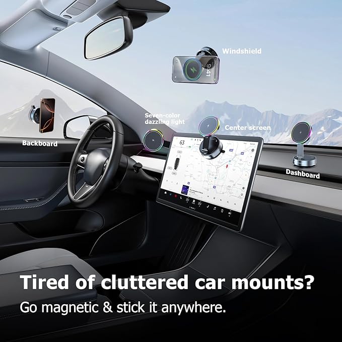 MagSafe Car Mount Charger 15W, Magnetic Wireless Car Charger with Vacuum Suction Cup, Strong Magnet Phone Holder for Dashboard, Compatible with iPhone 12-17 Pro Max & Android