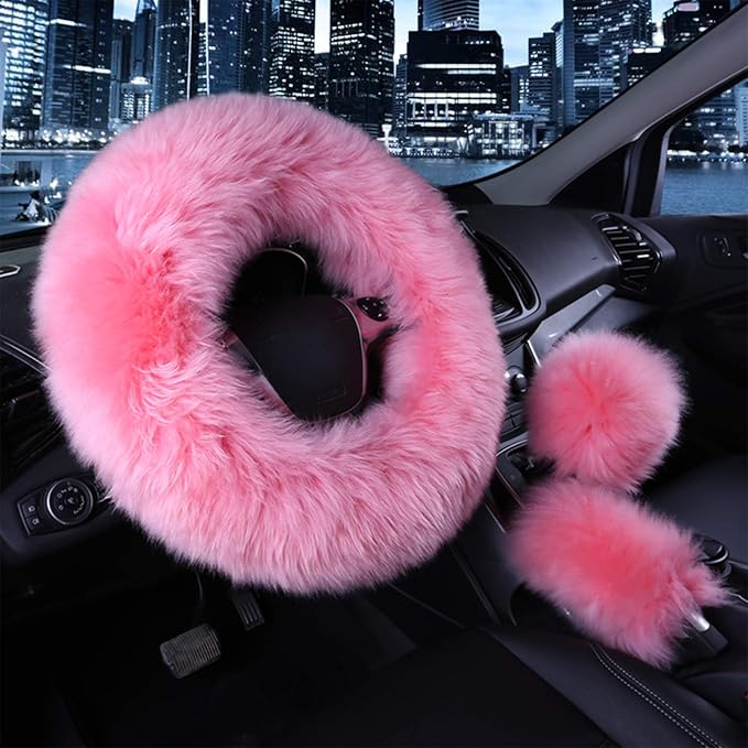 1 Set 3 Pcs Car Steering Wheel Cover & Handbrake Cover & Gear Shift Cover Set Faux Wool Warm Winter (Pink-3pcs)