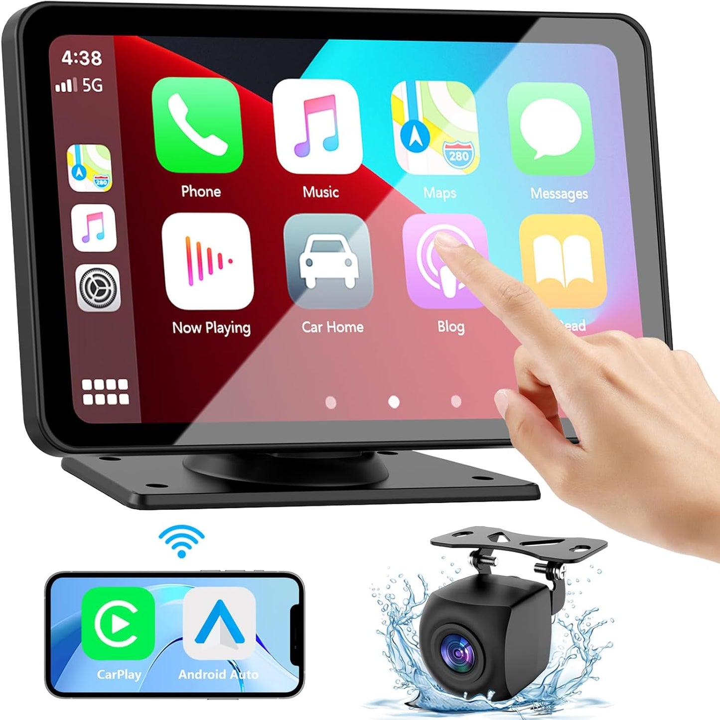 Carplay Screen for Car, 7" HD Wireless Portable Car Play Touchscreen Stereo with Android Auto Mirror Link/Backup Camera/GPS Navigation/Satellite Radio for All Vehicles