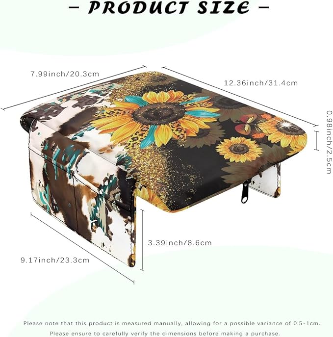 Wanyint Aztec Sunflower Leopard Cow Print Auto Center Console Cover Non-Slip Soft Armrest Storage Box Mat Scratch Resistant Middle Console Cover Arm Rest Pad Car Interior Decor Accessories