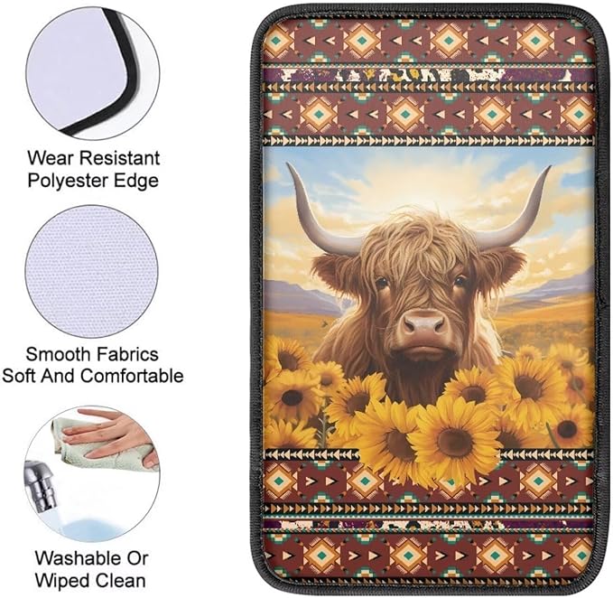 Dreaweet Car Center Console Cover Sunflower Aztec Highland Cow Car Accessories Arm Rest Cover for Truck SUV Van,Car Armrest Cover Center Console Cushion Pad Universal Fit