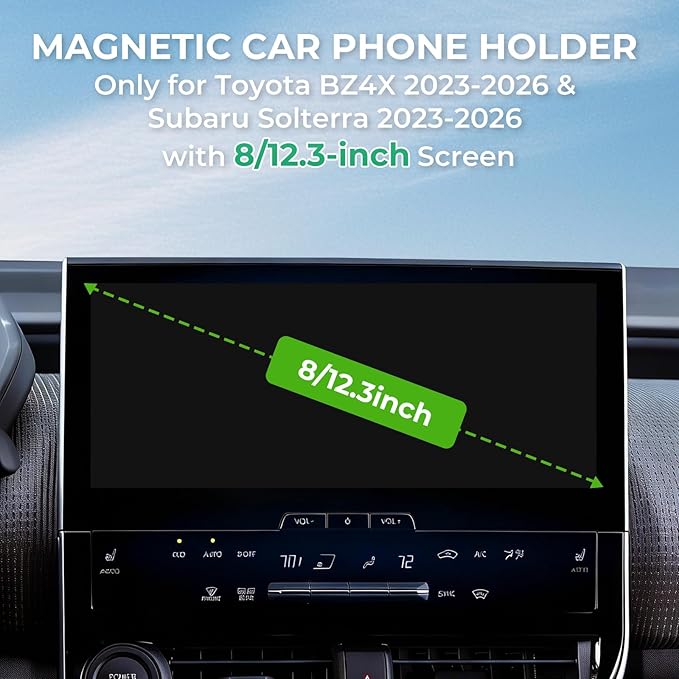 Car Phone Holder for Toyota BZ4X & Subaru Solterra 2026 2025 2024 2023 (Only for 8/12.3-Inch Screen) 360° Rotation Magnetic Cell Phone Mount, Compatible with Magsafe, Does Not Affect Air Vent