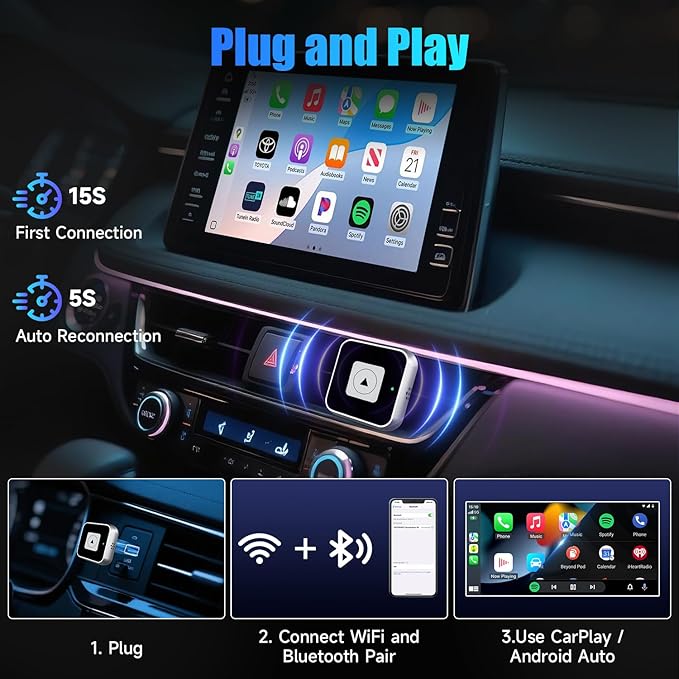 Wireless CarPlay Adapter, Wired to Wireless Car Adapter, Suitable for Apple iPhone & Android, Fast Auto-Connect, USB & Type-C, Supports 800+ Models with Built-in Wired Car Play/Android Auto