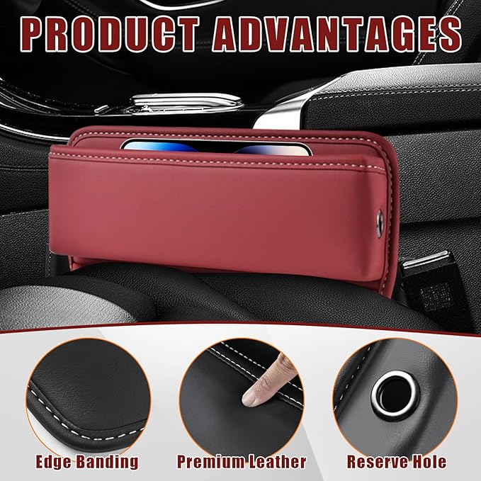 Ziciner Car Seat Gap Organizer, Premium Leather Auto Seat Storage Box, Vehicle Adjustable Front Seat Gap Filler, Car Seat Side Pocket Organizer for Phones, Glasses, Keys, Money, Cards (Red)