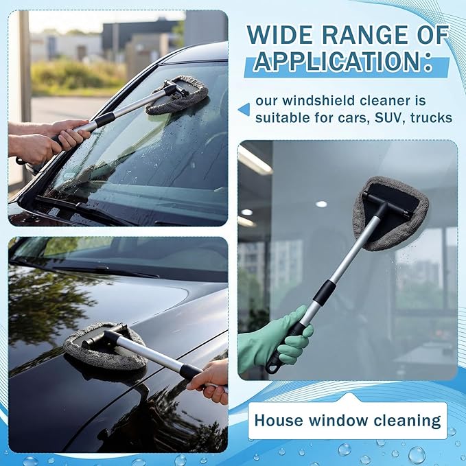 FoldTier 8 Pcs Car Windshield Cleaner Kits with Extendable Handle, 5 Microfiber Towel Pads, 1 Brush, 1 Empty Spray Bottle for Auto Glass Wiper Suvs Rvs & Home Windows (Grey)