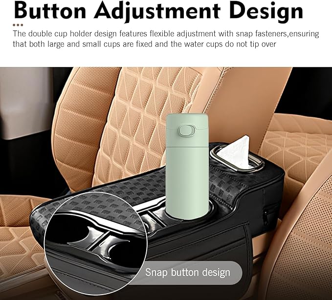 Car Center Console Leather Armrest Increase Cushion, MultiFunctional Armrest Box Pad with Dual Cup Holder, Tissue Box, Side Card Holder, Universal for Most Cars, SUVs, Trucks (Black)
