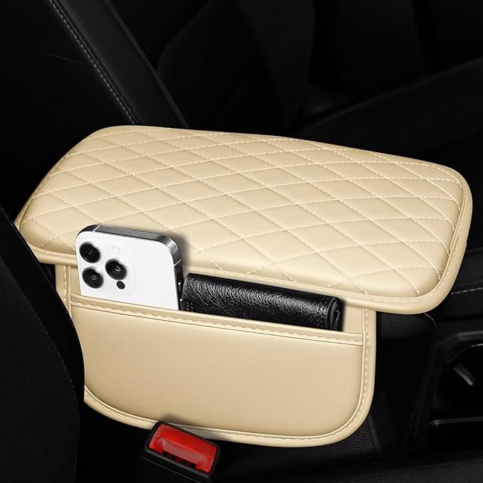 Upgraded Car Center Console Cover Fit for RAV4 Faux Leather Car Armrest Cover Cushion with 2 Storage Bags,Car Armrest Storage Box Interior Accessories(Beige&Whiteline)