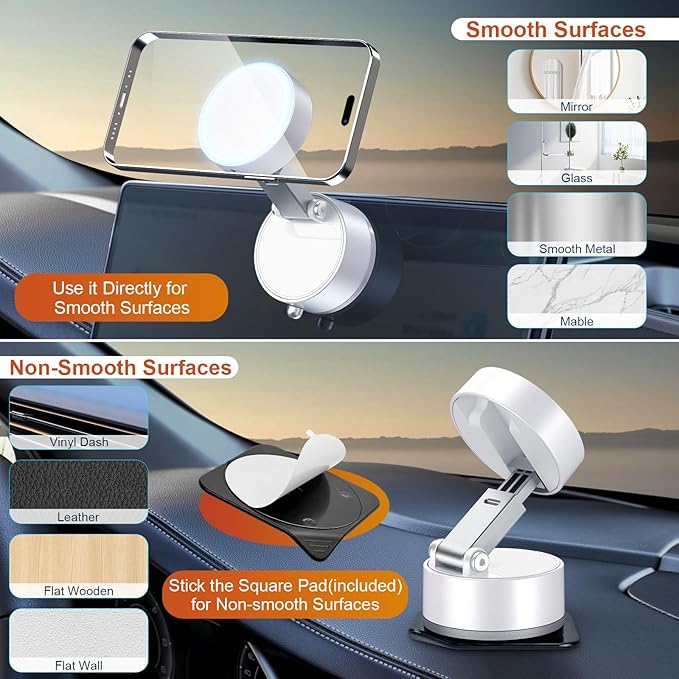 OOCC Vacuum Magnetic Phone Holders for Your Car, 360°Rotating Adjustable Magsafe Car Phone Mount, Foldable Magnetic Car Phone Holder for All Smartphones & All Car Models, White