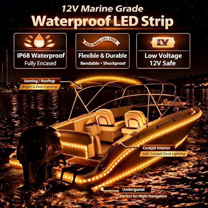 12V Marine Boat LED Light Strip Super Bright, 2 Pack 4FT IP68 Fully Waterproof RV Front Cap Lights, Golf Cart Underglow Roof Lights Strip for Truck ATV UTV SUV Car Pickup Trailer, Cuttable, Amber