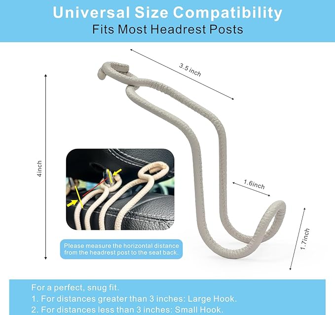 Purse Hooks for Car - 2 Pack Universal Back Seat Storage Holder with Anti-Drop Lock Loop for Vehicle Truck SUV, Car Headrest Hanger for Hat Bag Grocery Handbag Coat Must Have Stuff- Beige Leather/2L