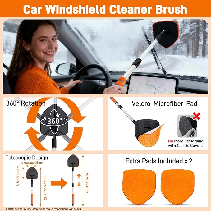 XINDELL Windshield Cleaner Tool, Extendable Car Window Cleaning Kit with 360° Rotating Head, All Purpose 10pcs Interior Exterior Glass Cleaner for Cars Trucks SUVs, with Microfiber Pads & Towels
