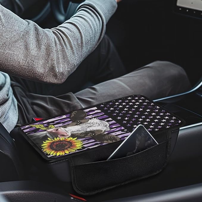 Cow Sunflower Flag Pattern Car Armrest Cover Soft Middle Console Cover Washable Automobile Center Console Pad Armrest Seat Box Cover Protector with Pockets Storage Bag