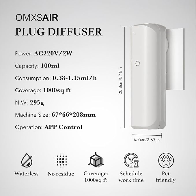 Waterless Wall Plug in Diffuser - Coverage 700 Sq.FT - Nanotechnology Plug in Scent Diffuser for Essential Oils- for Hotel and Home or Office - Smart Bluetooth APP Operation(White)