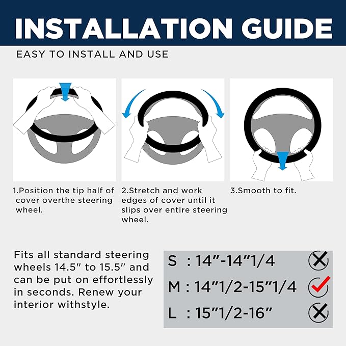 PIC AUTO Massage Steering Wheel Cover, Blue Football Pattern Material Spliced Leather Car Steering Wheel Protector, Car Interior Accessories, Universal Fit 14.5"-15.5" for Cars, Trucks, Van, SUV