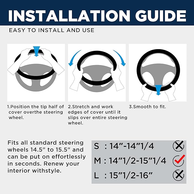 PIC AUTO Massage Steering Wheel Cover, Gray Football Pattern Material Spliced Leather Car Steering Wheel Protector, Car Interior Accessories, Universal Fit 14.5"-15.5" for Cars, Trucks, Van, SUV