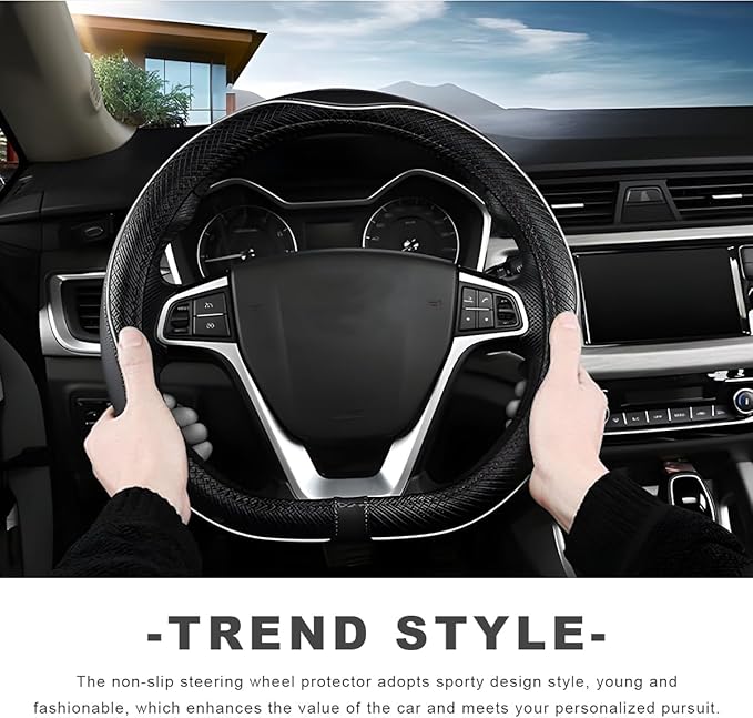 Car Steering Wheel Cover, 15 Inch Anti-Slip Breathable Leather Auto Steering Wheel Protector, Full Surround Soft Steering Wheel Cover for Men Women, Car Interior Accessories (Black & White)