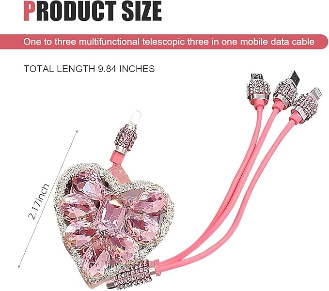 Multi Charging Cable, 3 in 1 Multi Charger Cable with Type-C/Lightning/Micro USB Connectors, Rhinestone Retractable Car Charger Cord, Universal for Most Phones, Tablets (Pink)