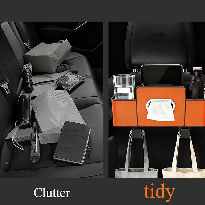 3-in-1 Car Backseat Organizer with Dual Cup Holders, Seat Back Storage Box, Built-in Tissue Holder, Adjustable Universal Design for Neat and Practical Car Interior Storage (Brown)