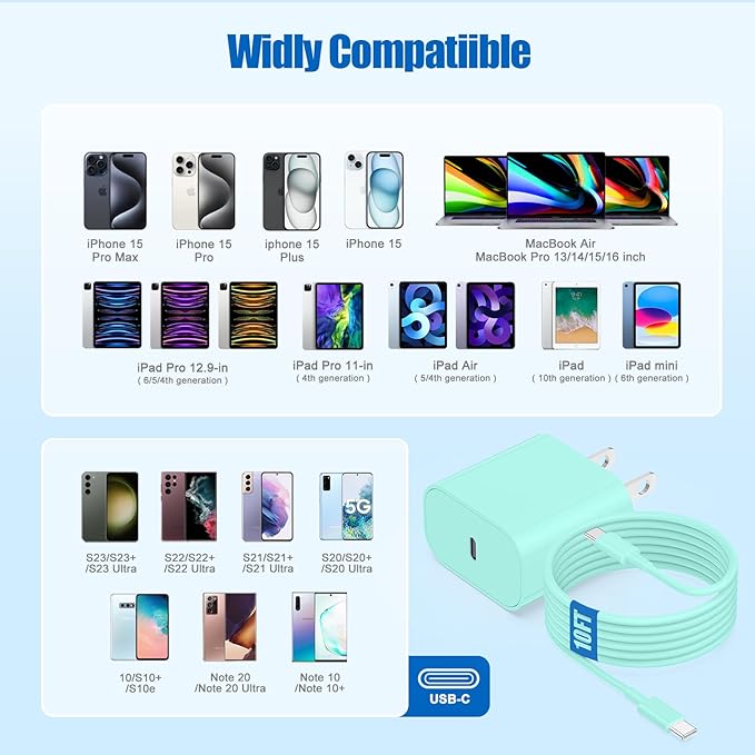 iPhone 17 16 15 Fast Charger Block and 10ft Type C to C Cable Cord Long, 20W USB C Charging Plug for Apple iPhone 17 Pro Max/17 Air/16 Pro Max/16/15 Pro/15 Plus/iPad Mini,Wall Power Adapter Cube Brick