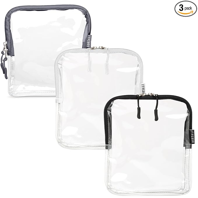 BORSALI TSA Approved Toiletry Bag - Clear Quart Size for 3-1-1 LIquids for Carry On Travel - Toiletries Organizer - Cosmetic Pouch with Zipper - Travel Accessories - Set of 3