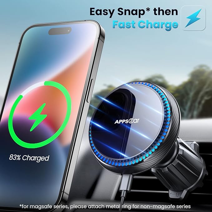 APPS2Car Wireless Car Charger with 15W Fast Charging for Magsafe Car Vent Mount - Only Compatible with iPhone 16/15/14/Magsafe Series Phones, Equipped with 3200RPM Cooling Fan System