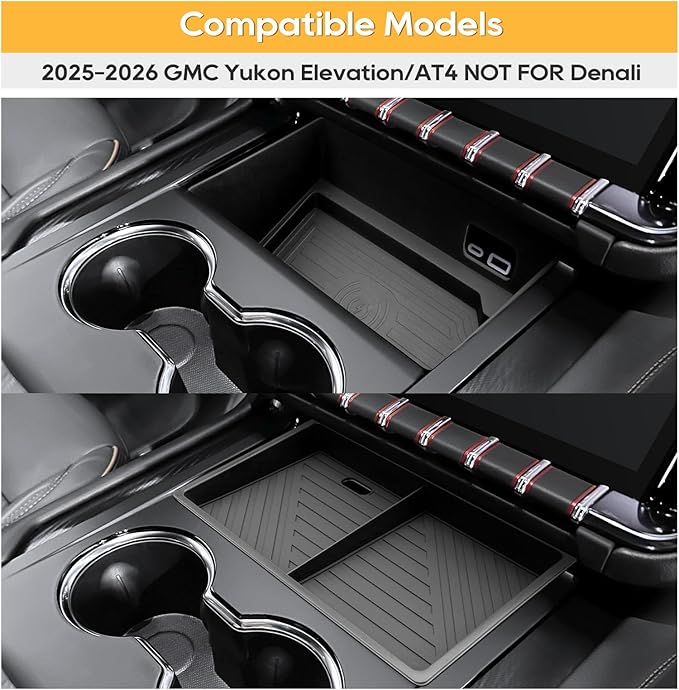 LFOTPP Center Console Organizer for 2025-2026 GMC Yukon (Elevation/AT4) 2PCS Armrest Storage Box Tray ABS Materials& TPE Wirless Mats Storage Box- Only Compatible with Console Without Cover