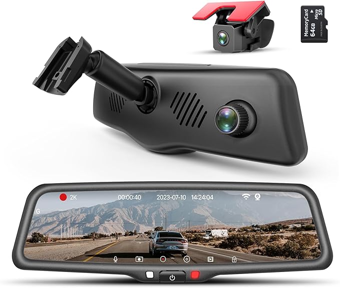 KBD Car OEM Rear View Mirror Dash Cam with SD, 2K Front and 1080P Rear 9.66'' with Back Up Camera, Touch Screen, Superior Night Vision, G-Sensor, Parking and Reversing Assistance