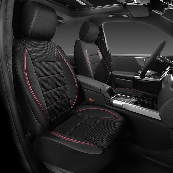 CAR PASS Air Mesh Leather Car Seat Covers Front Seats, Breathable Two Front Seat Covers for Cars, Comfortable Universal Fit for SUV Truck Sedan Automotive, Anti-Slip Airbag Compatible,Black and Red