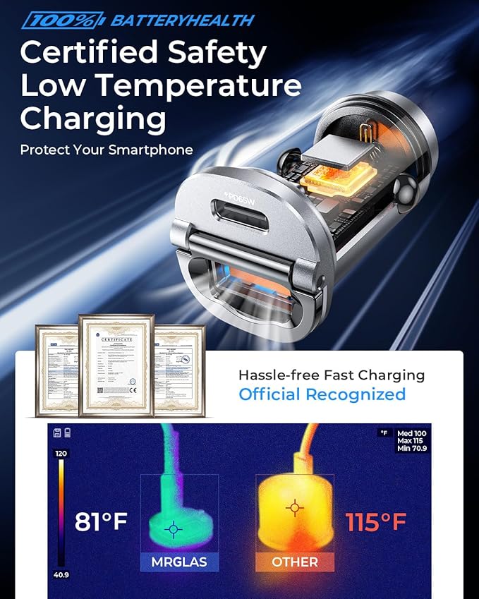 MRGLAS 125W USB C Car Charger, [Mini & Metal] USB C Car Charger Adapter Fast Charging PD65W & QC60W Dual Port Type C Cigarette Lighter USB Charger for iPhone 16 15 Pro Max S25 MacBook-Silver Gray